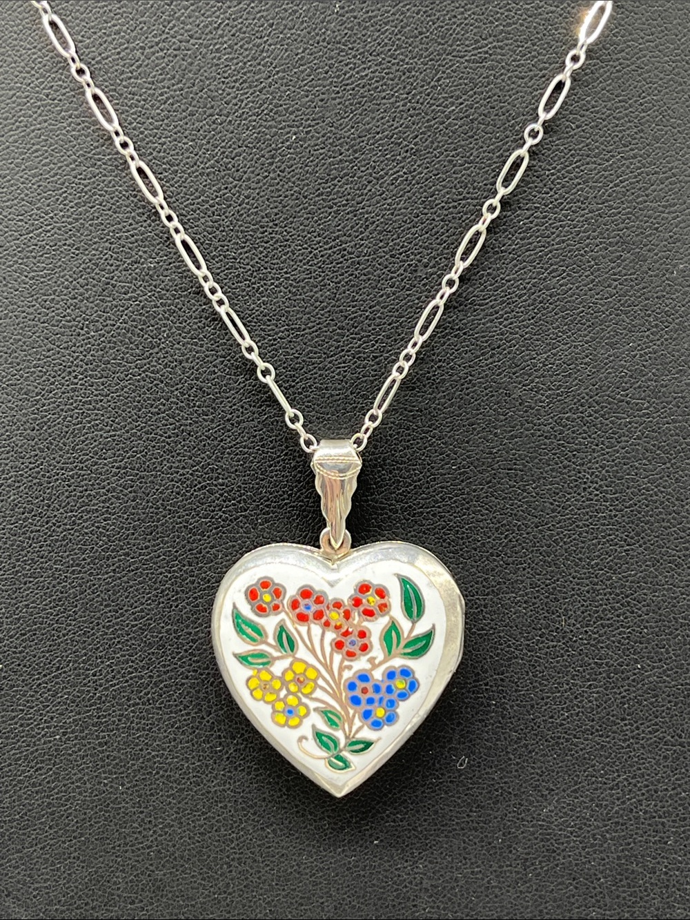Vintage Pastelli sterling silver floral enamel heart pendant locket